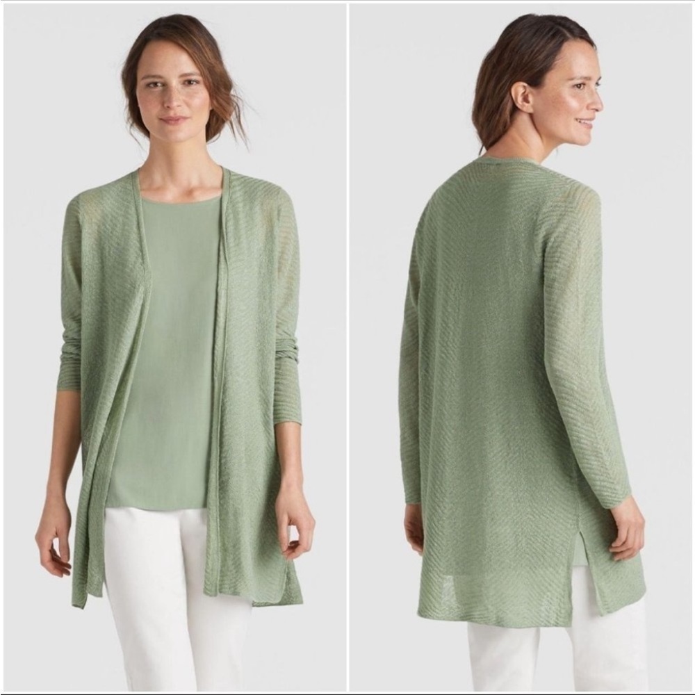 Eileen Fisher Pointelle Knit Pistachio Sage Green Open Front Hemp Blend Cardigan